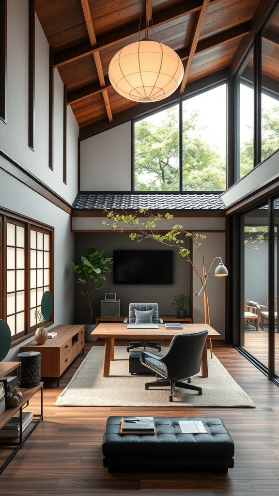 Interior of a modern Japanese tea house with wooden beams and large windows