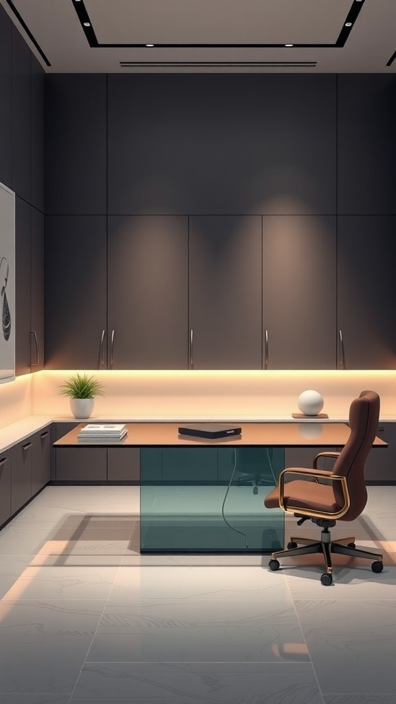 A modern minimalist office interior featuring a glass-top desk, a leather chair, and warm lighting.