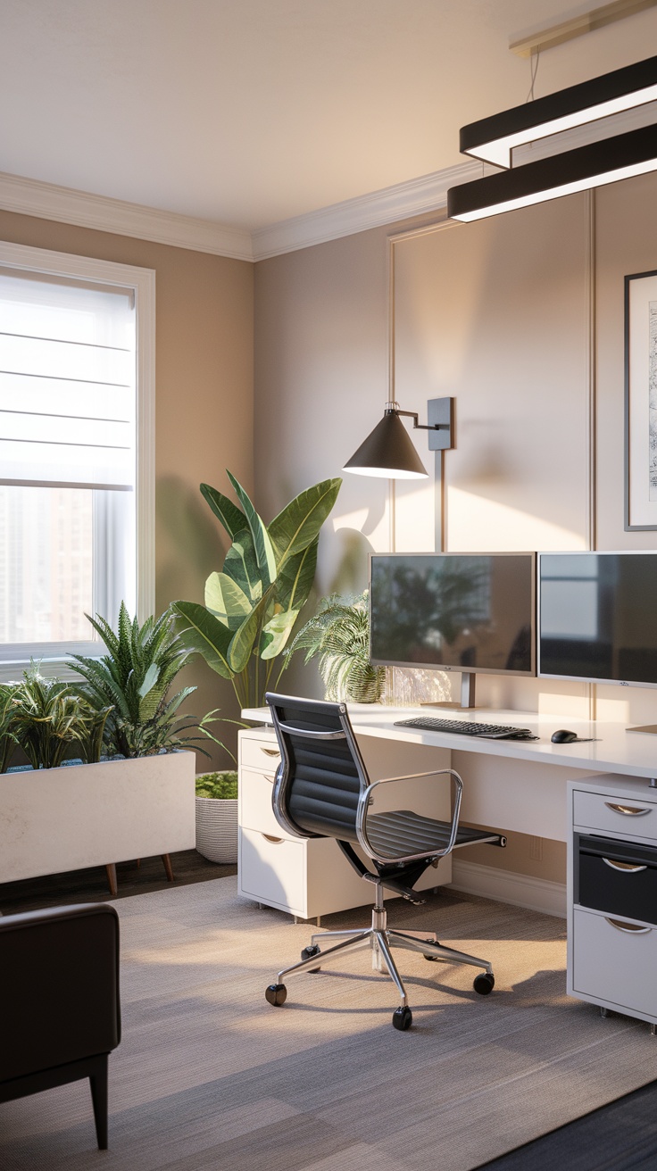 Stylish modern home office with dual monitors, ergonomic chair, plants, and contemporary lighting.