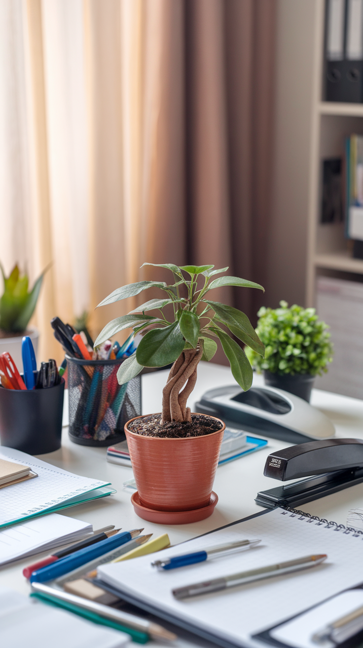 A money tree plant in a pot on a desk surrounded by stationery and office supplies.