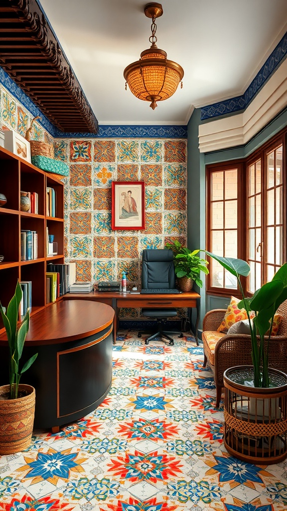 Home office featuring vibrant Moroccan tile patterns on walls and floor, with modern furniture and plants.