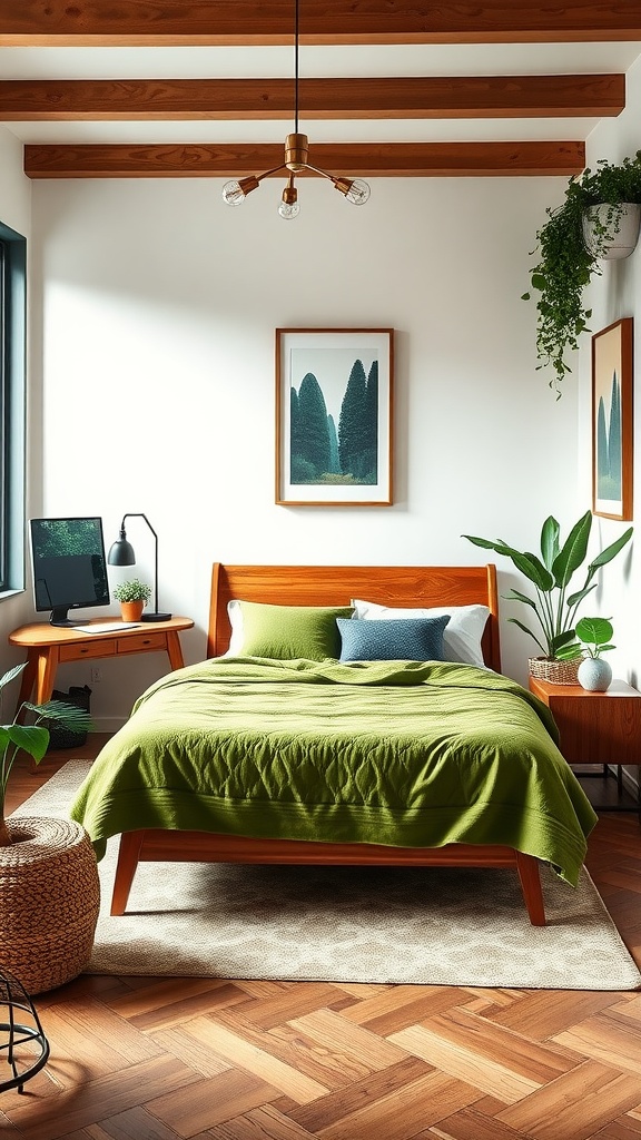 Cozy bedroom featuring a moss green bedspread and walnut furniture, with a small home office setup