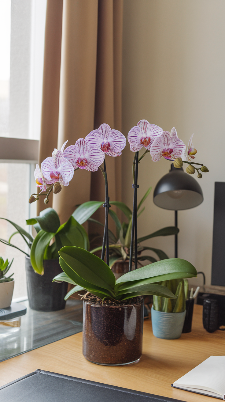 A beautiful Moth Orchid with pink and white blooms on a desk surrounded by other plants.