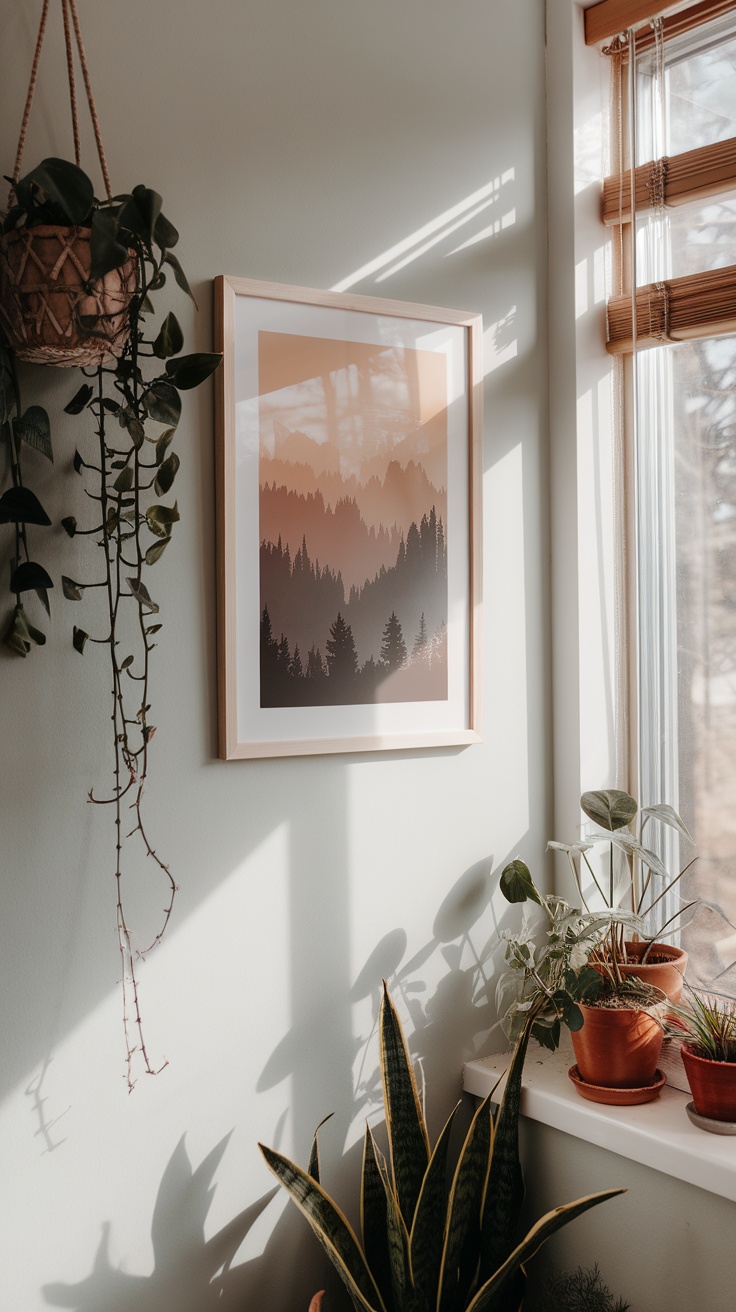 A framed mountain landscape print on a wall beside window with sunlight and indoor plants