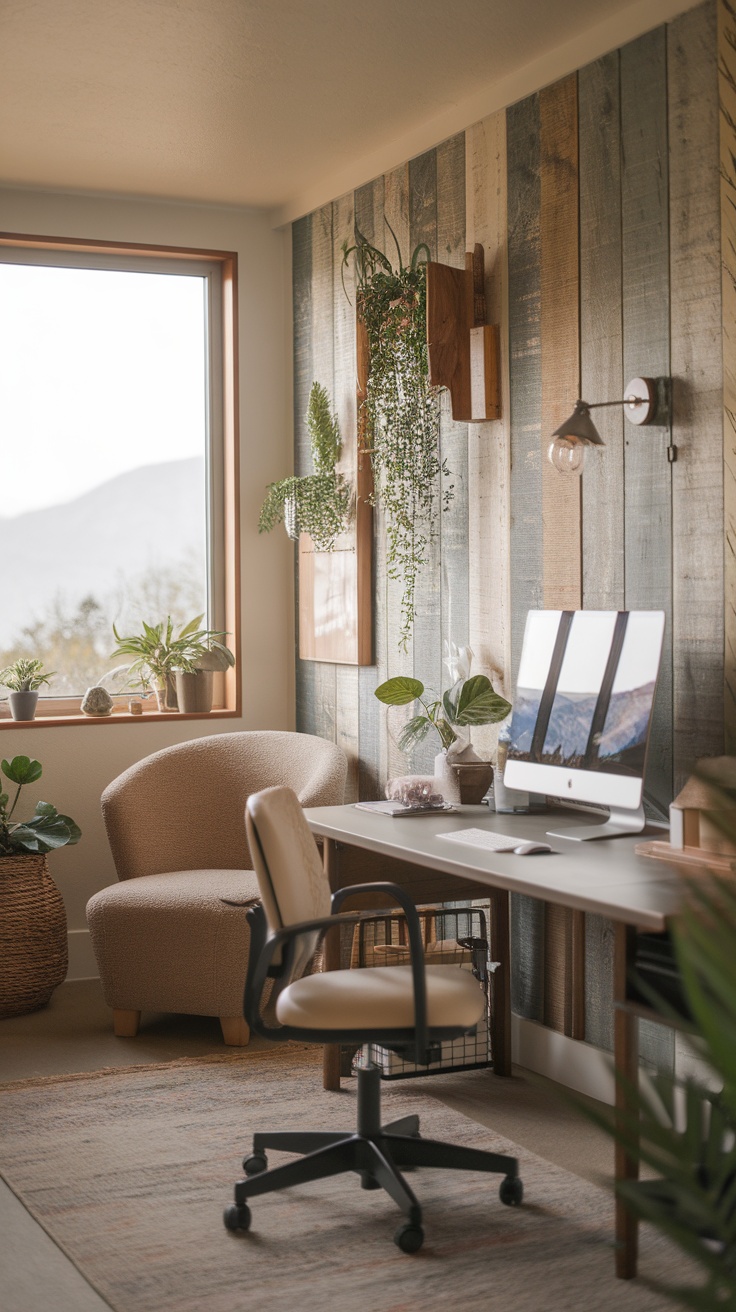 A cozy home office with a view of mountains reflected in a lake, featuring natural decor and plants.