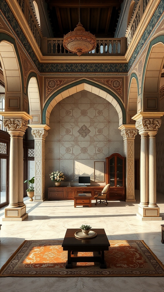 A spacious home office inspired by Mughal architecture with intricate arches and elegant decor.