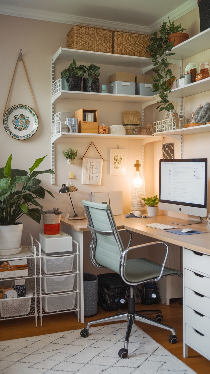 A cozy multi-purpose crafting space featuring a home office desk, plants, and organized storage.