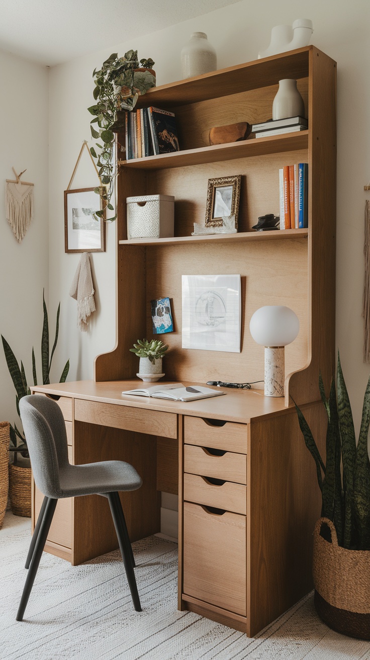 A stylish home office desk with shelving, a chair, and decorative plants.