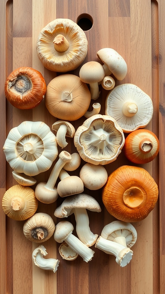 An assortment of various mushrooms arranged on a wooden cutting board.