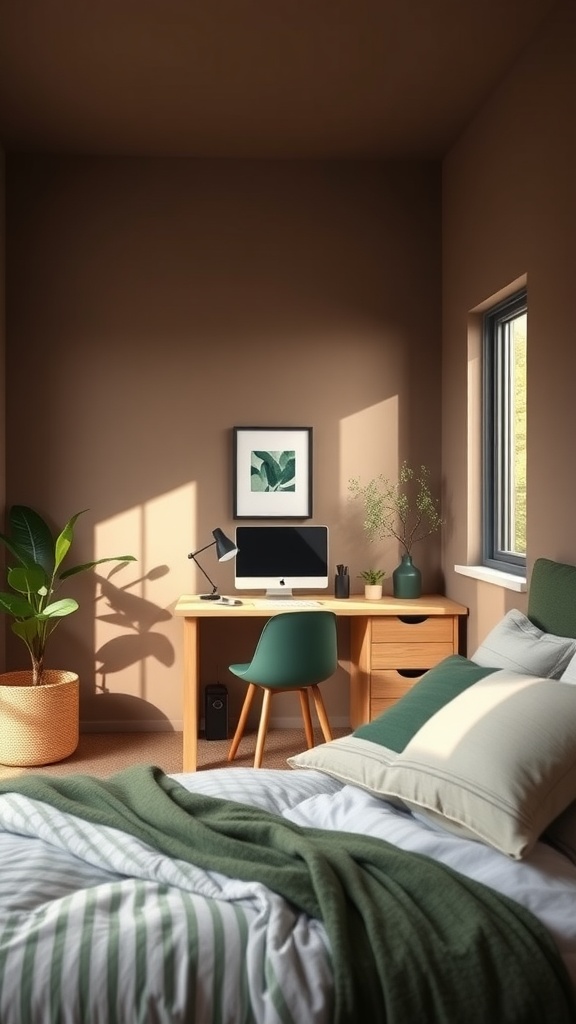 Cozy bedroom and home office setup with muted brown walls and forest green accents.