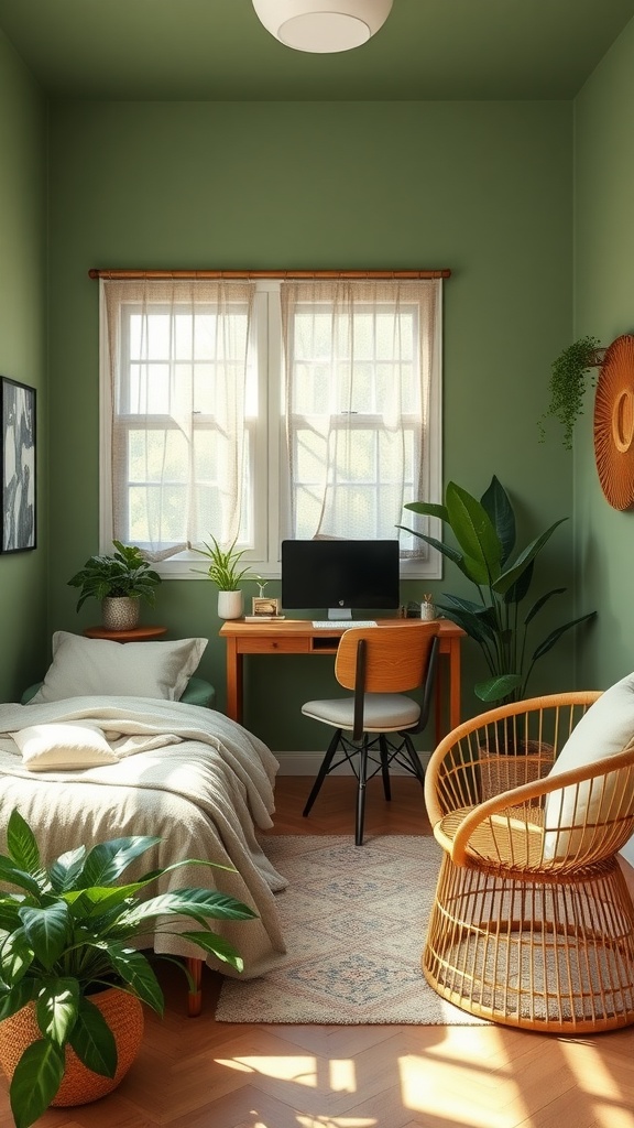 A cozy bedroom and home office space featuring muted green walls and rattan furniture.