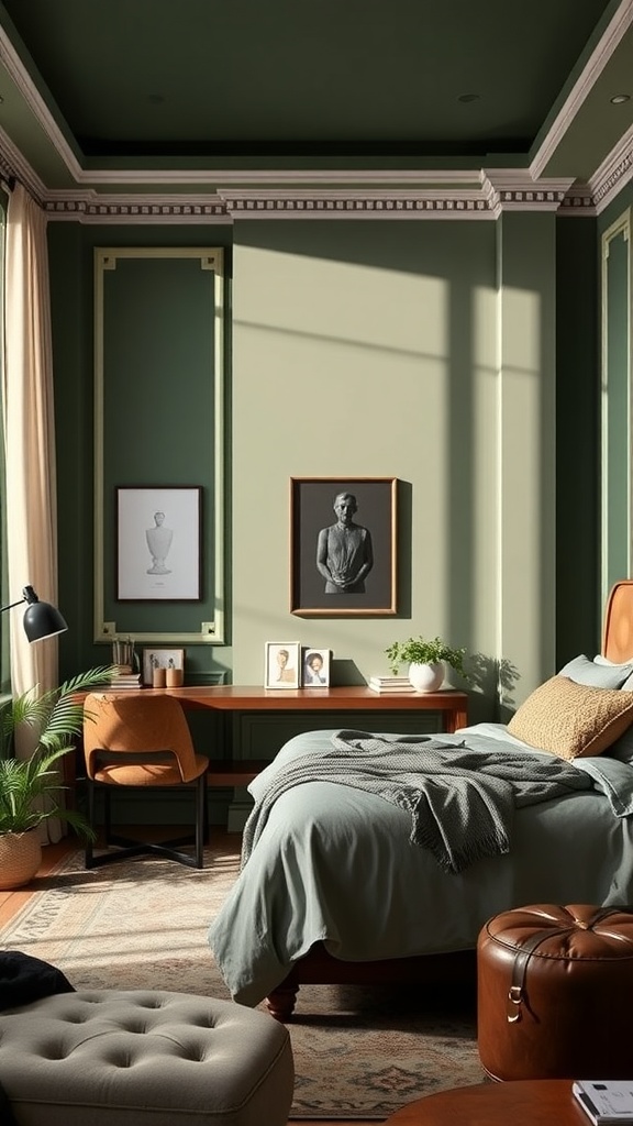 A cozy bedroom featuring muted green walls, a leather chair, a desk, and warm lighting.