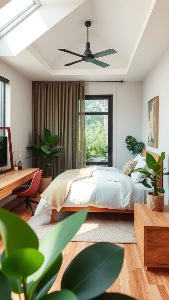 A modern bedroom featuring natural elements, a cozy desk, and plants.