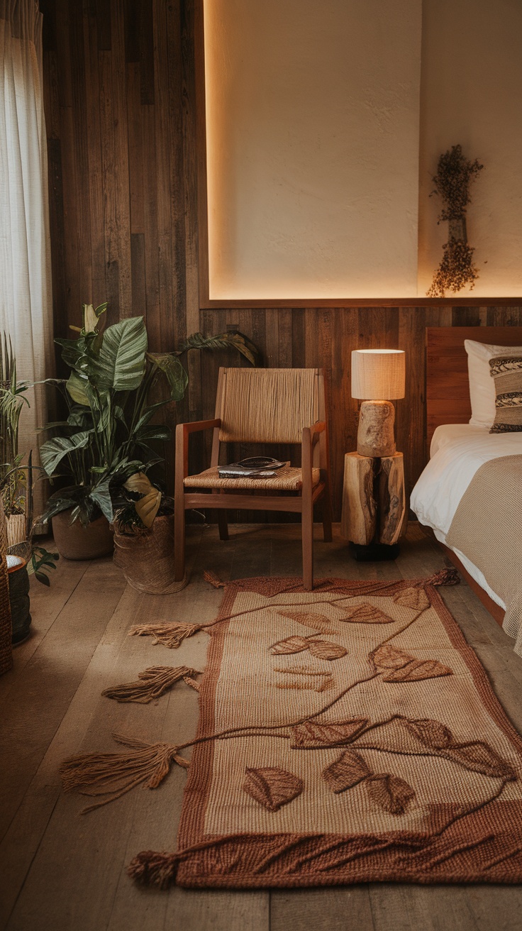 A cozy bedroom featuring natural fiber rugs in earthy tones, a modern desk, and plants, creating a warm work-from-home setup.