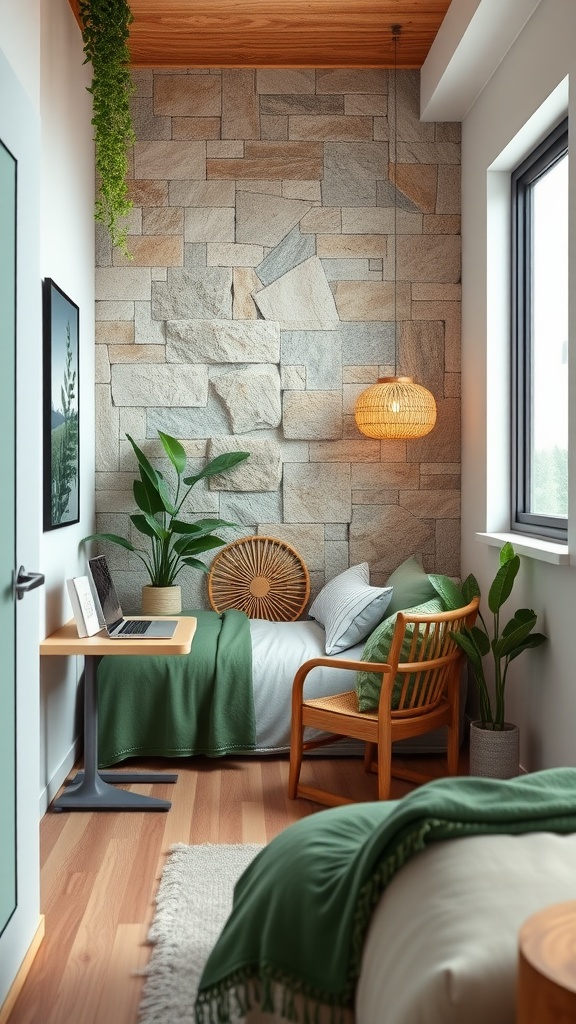 Cozy bedroom office with natural stone wall, green decor, and a minimalist desk