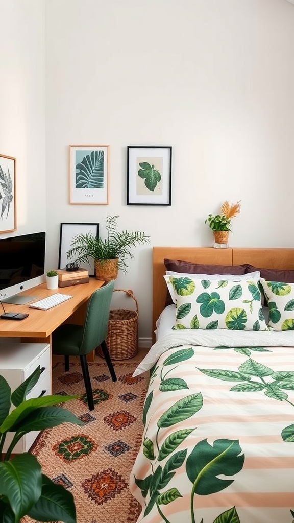 Cozy bedroom with nature-inspired bedding and home office setup