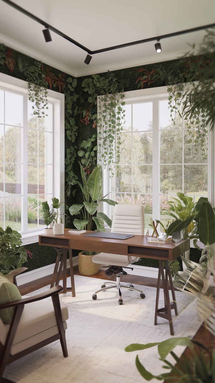 A beautifully designed nature-inspired home office with a wooden desk, plants, and large windows.