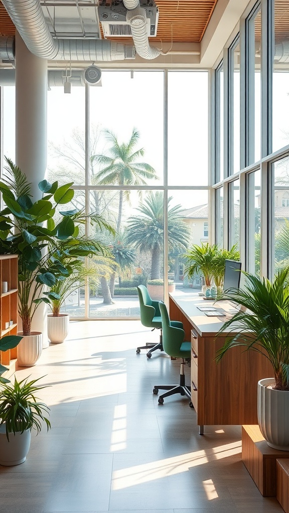 Bright and airy office space with large windows, plants, and wooden furniture