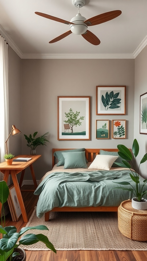 A cozy bedroom with nature-themed art in earthy tones, featuring a bed, desk, and plants.