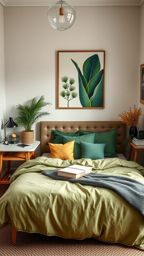 Cozy bedroom with green and brown color scheme, featuring a comfortable bed, decorative pillows, and nature-themed wall art.