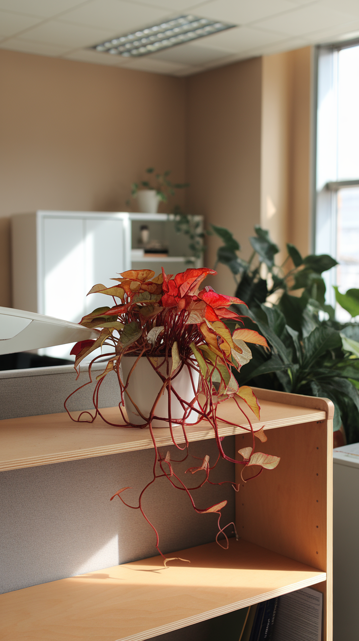 A close-up of a nerve plant with bright red and green leaves placed on a shelf in an office setting.