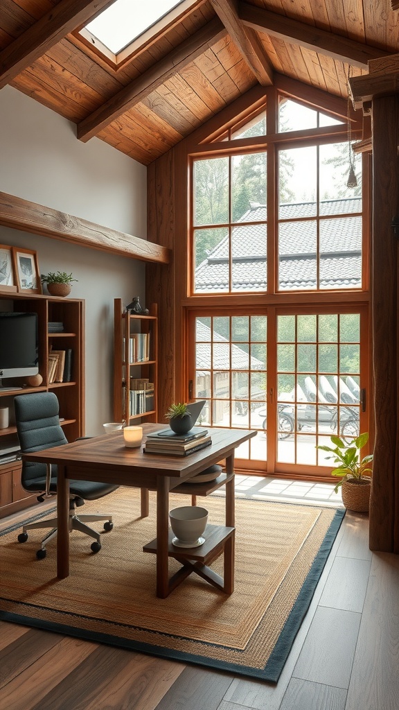 A cozy home office featuring rustic wooden beams and large windows, inspired by traditional Japanese architecture.