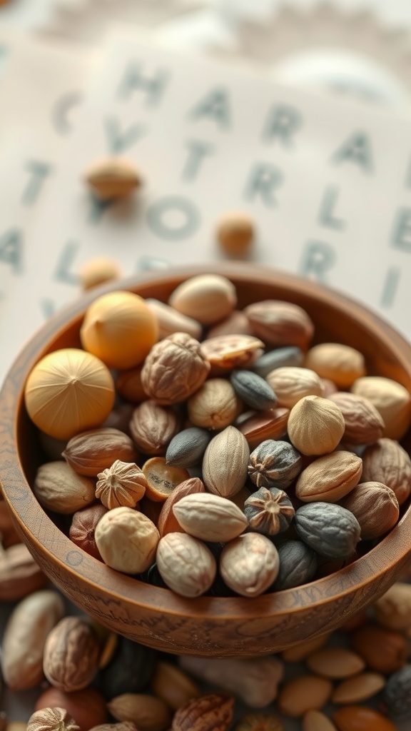 A wooden bowl filled with various nuts and seeds.