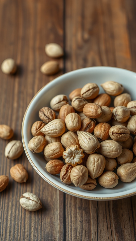 A variety of nuts in a bowl on a wooden surface