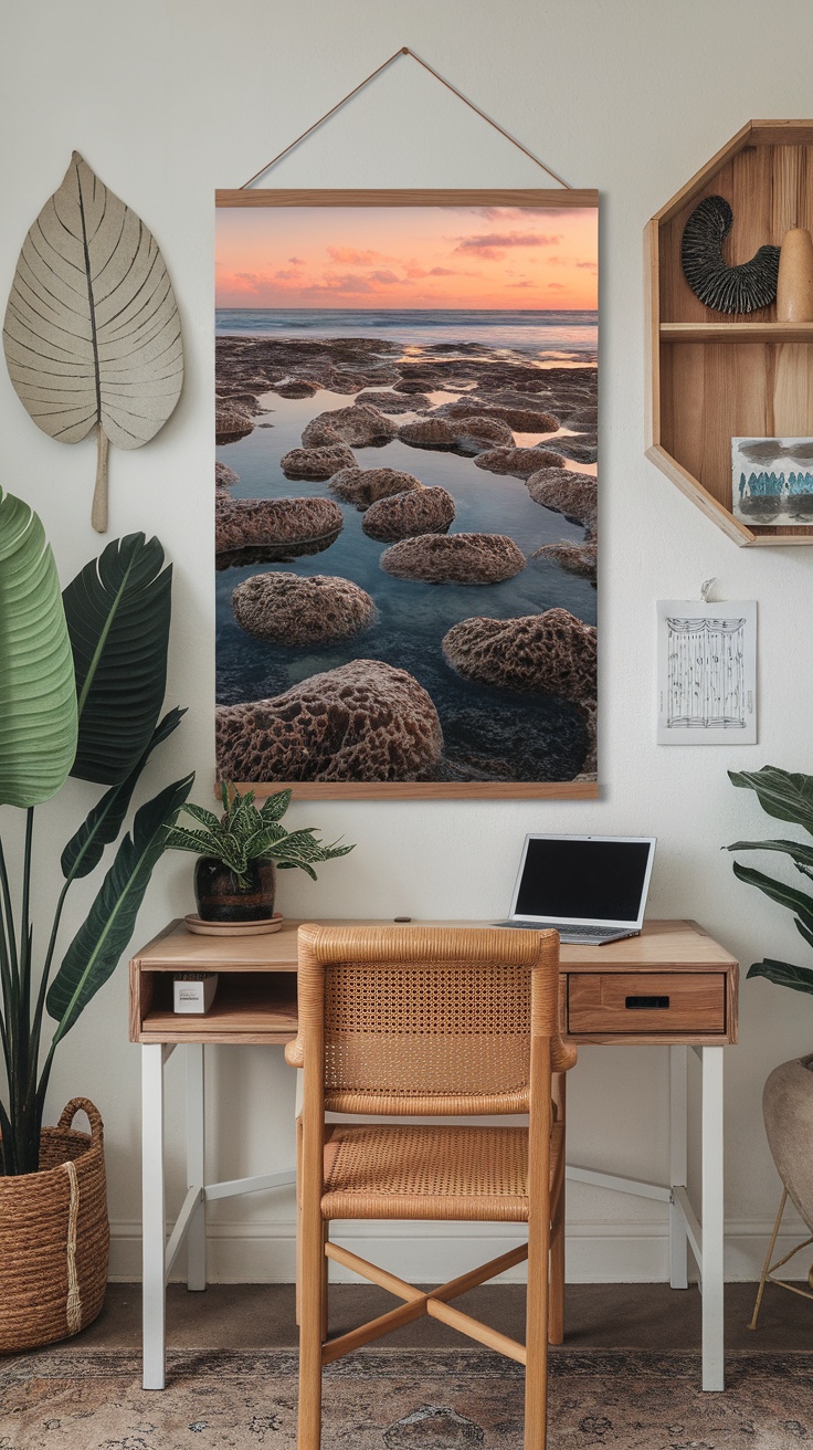 Wall art of ocean tide pools at sunset in a home office