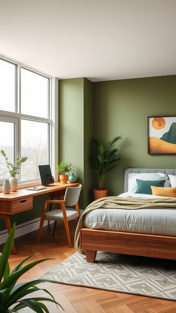 A cozy bedroom featuring olive green walls, natural wood furniture, and a stylish desk setup.