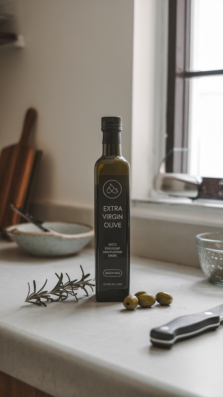 A bottle of extra virgin olive oil with fresh olives and herbs in a kitchen setting.