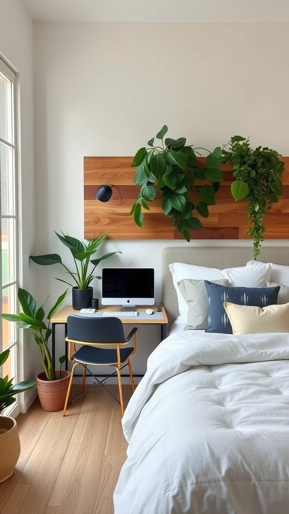 A cozy bedroom with a workspace featuring plants, a desk, and a wooden headboard.