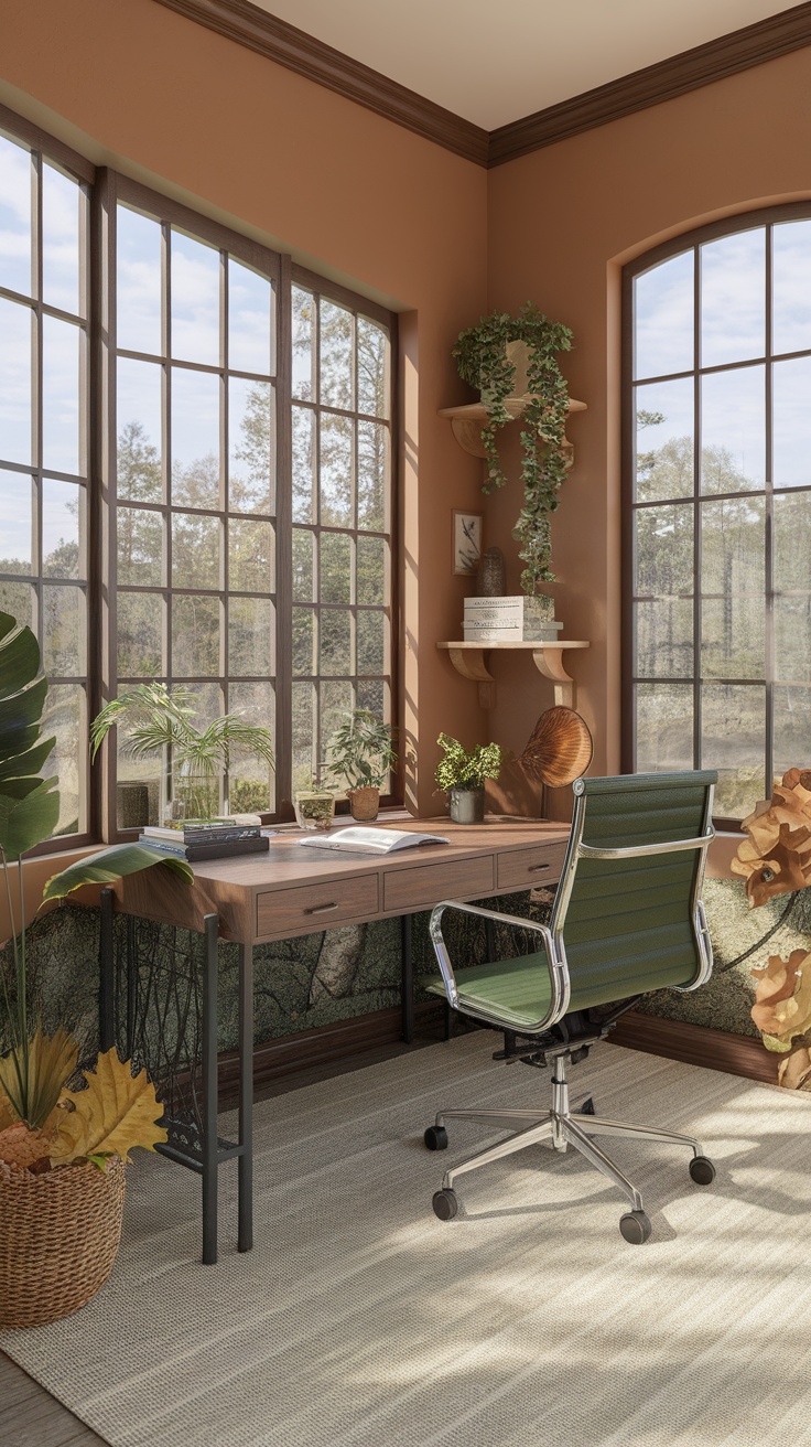 A cozy home office with large windows, a wooden desk, green chair, and plants, creating an outdoor-inspired atmosphere.