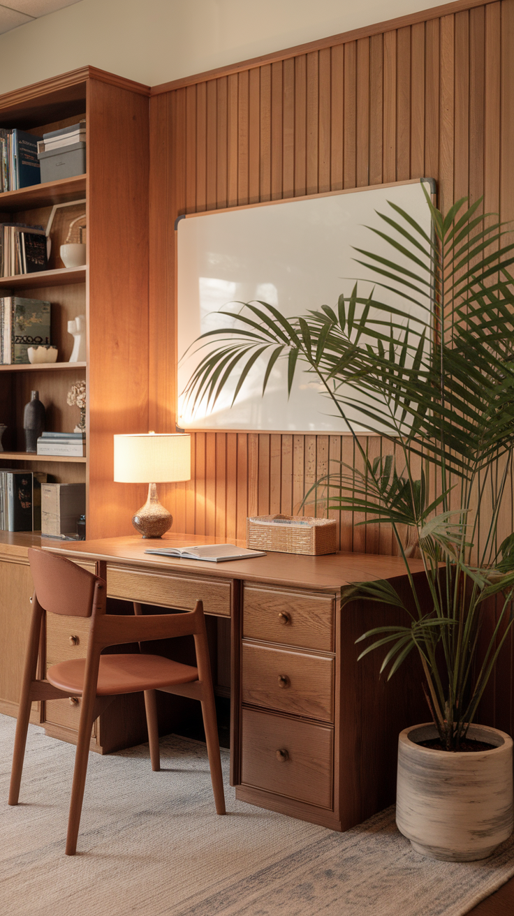 A cozy workspace featuring a parlor palm, wooden desk, and warm lighting.