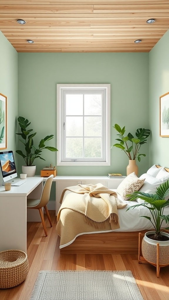 A cozy bedroom featuring pastel green walls, a natural wood ceiling, a desk and chair, and indoor plants.