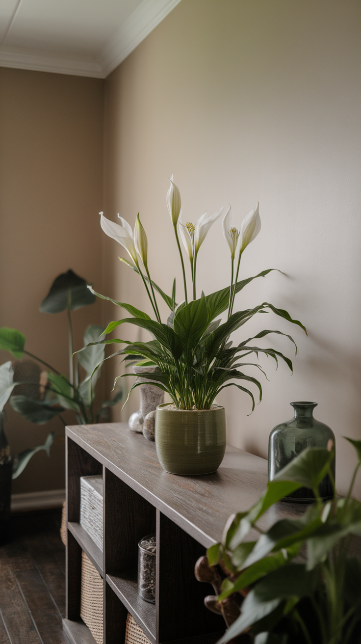 A Peace Lily with elegant white blooms in a green pot, placed on a wooden shelf.