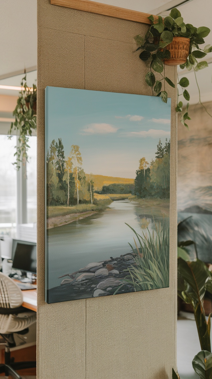 A peaceful riverbank scene painting with trees and water, set in a cozy home office.