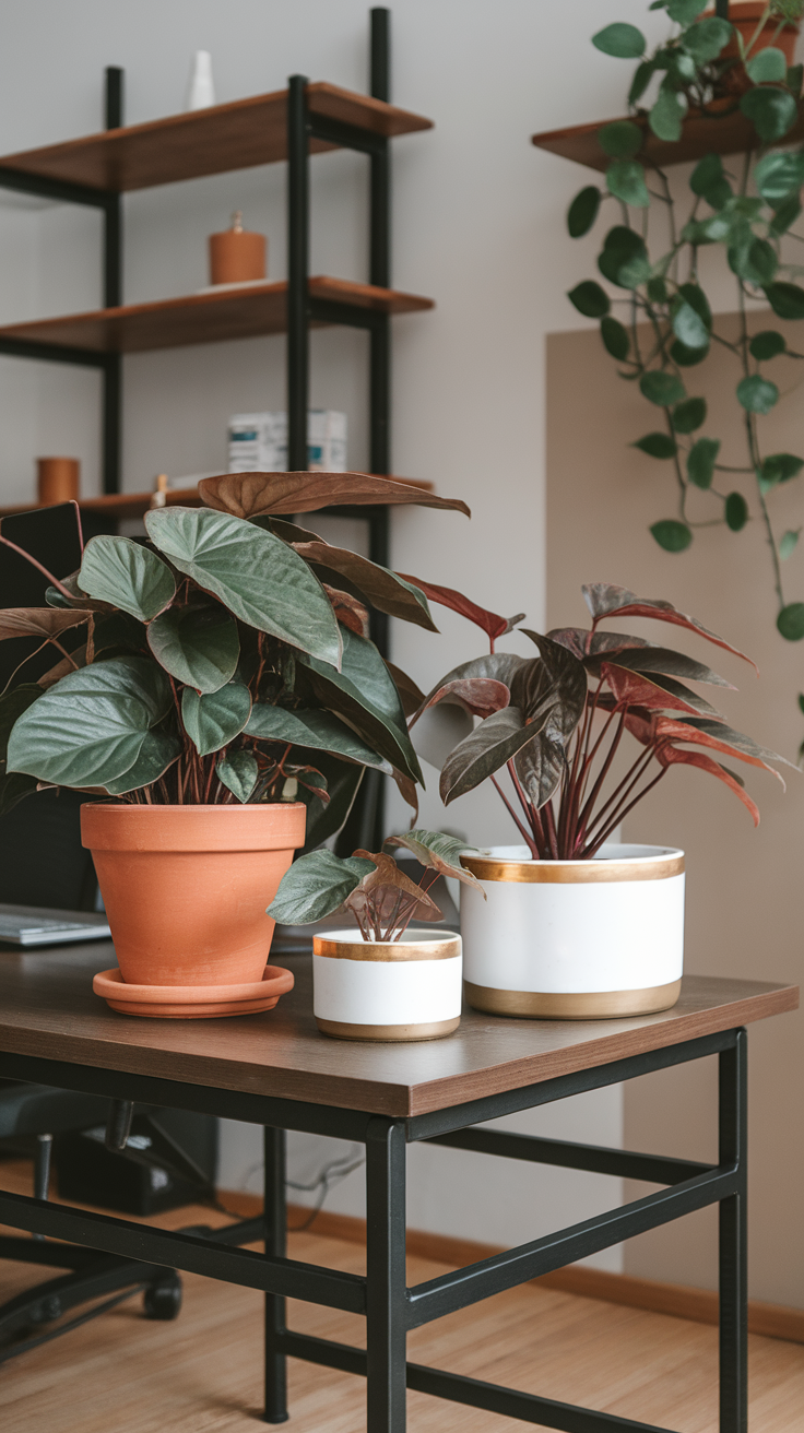 A close-up of Peperomia plants on a wooden table, showcasing their lush foliage.