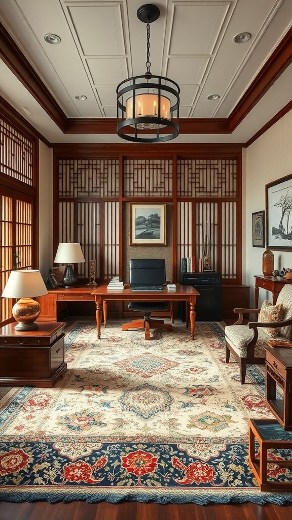 A cozy home office featuring a Persian rug, wooden furniture, and a warm atmosphere.