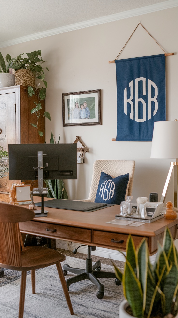 A cozy and personalized home office with plants, a navy wall hanging, and a wooden desk.