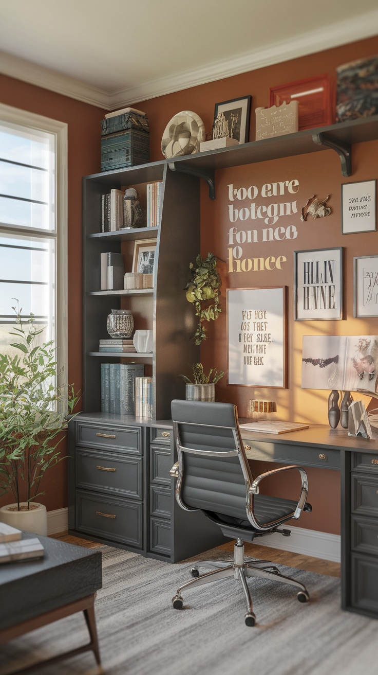 A cozy home office with personalized inspiration wall decor, featuring shelves with books, plants, and framed art.