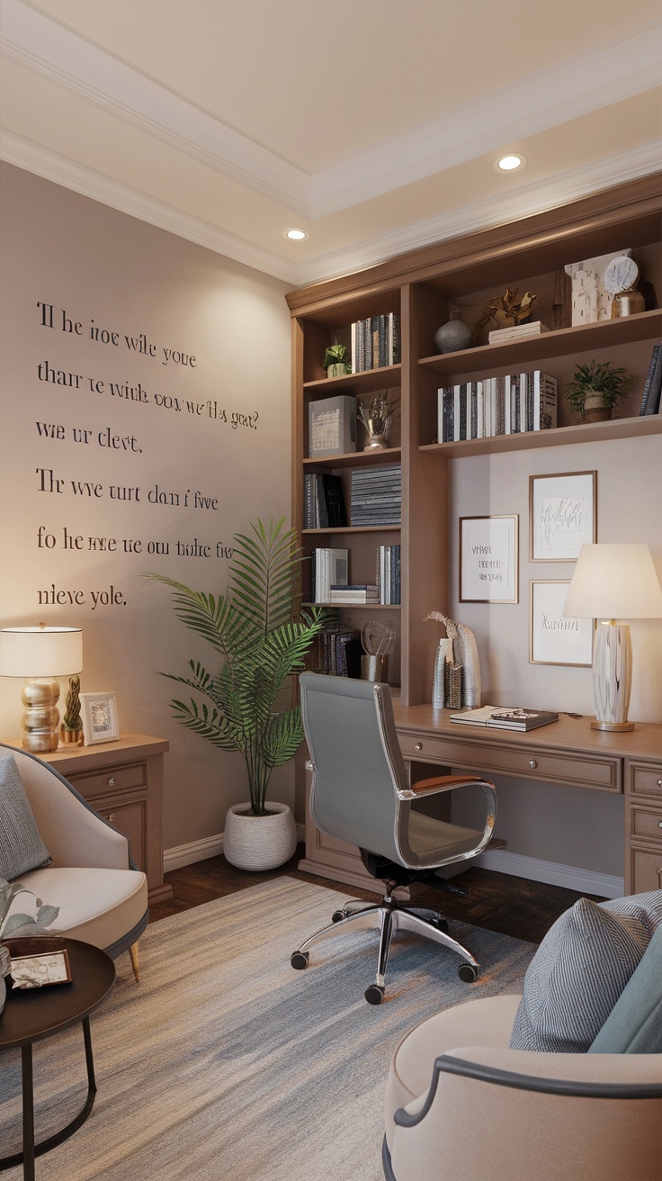 A cozy home office with motivational wall art, a sleek desk, comfortable chair, and decorative elements.