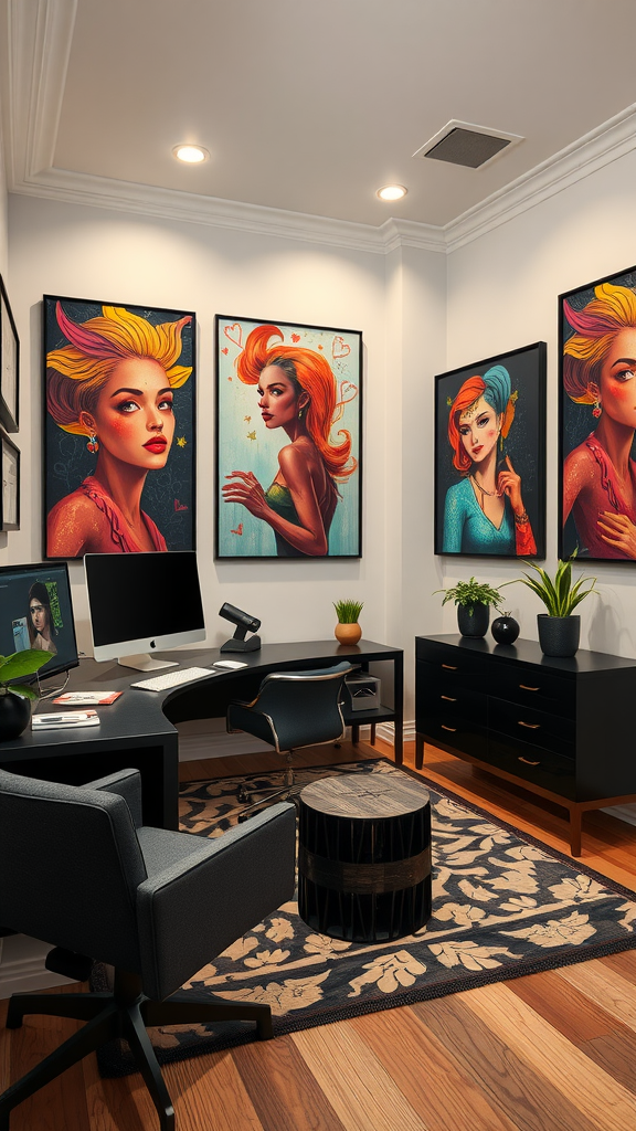 A stylish office space with colorful art pieces on the walls, a modern desk, and a comfortable chair.