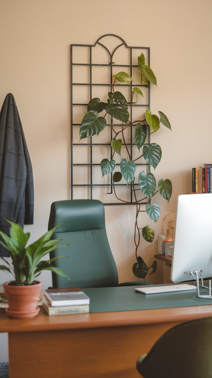 An office setup featuring a Philodendron plant on a wall grid, with a green chair and books on a desk.