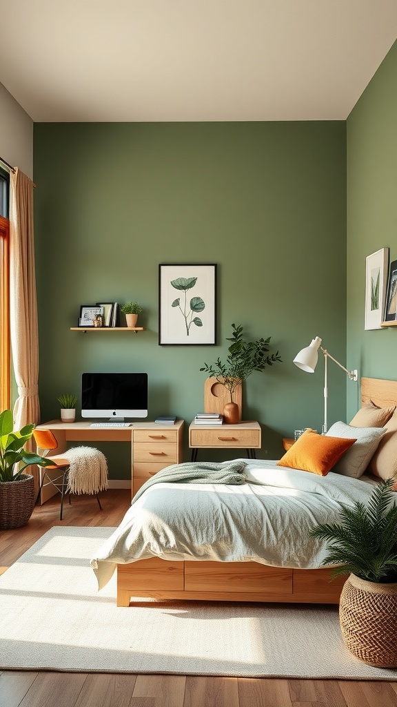 A cozy bedroom with pine green walls, a creamy undertone, a desk area, and natural plants, showcasing a perfect blend of a bedroom and home office.