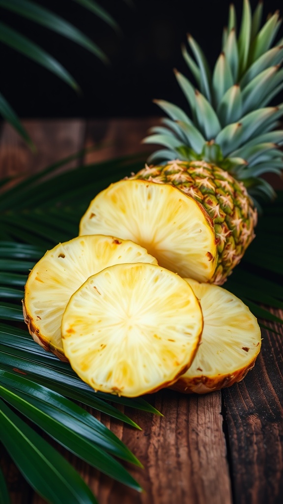 Fresh pineapple slices arranged on a wooden surface with tropical leaves.