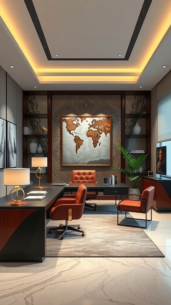 An elegant executive office with a world map, luxurious furniture, and a modern design