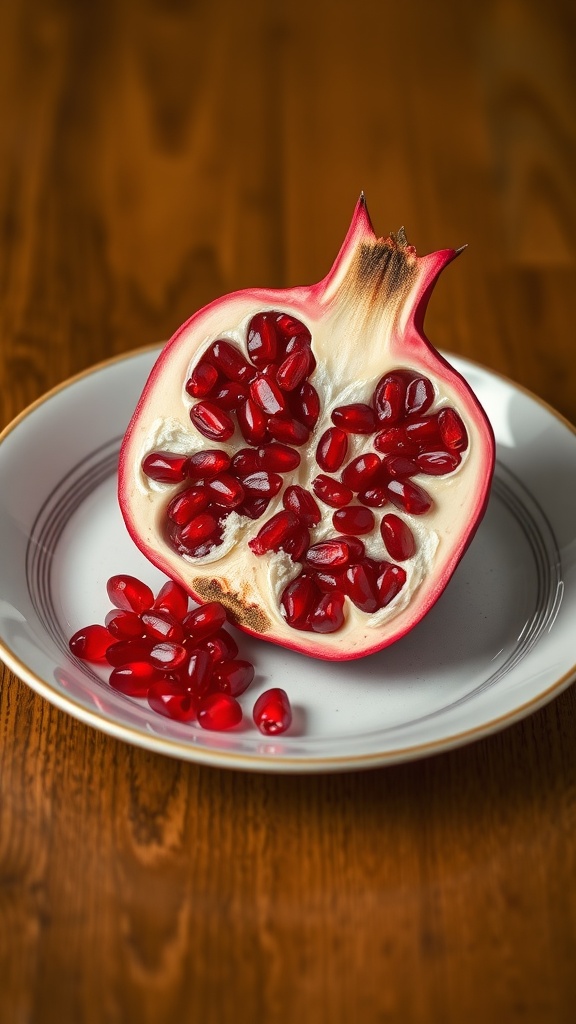 A cut pomegranate showing red seeds on a plate