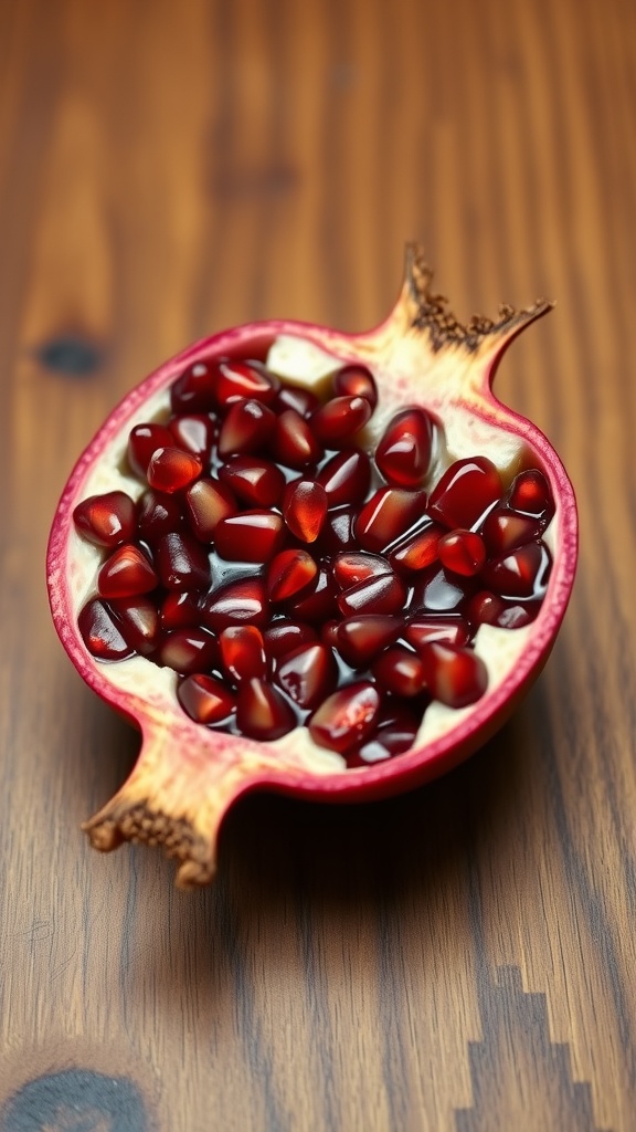 A bowl of pomegranate seeds on a wooden table