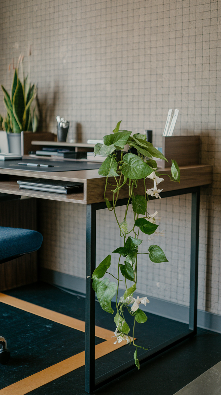 A Pothos plant cascading over the edge of a modern desk with office supplies.